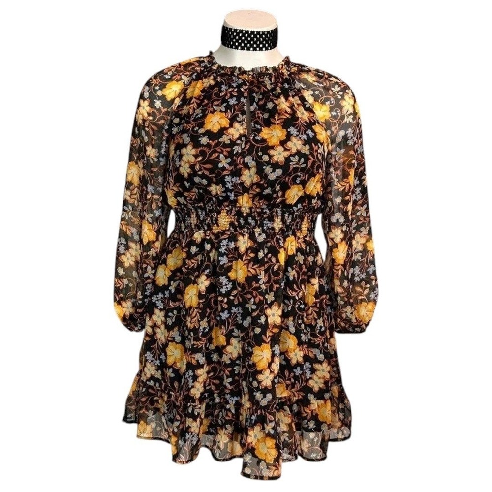 Floral Chiffon Smocked Waist Mini Dress Black Large Fall Whimsy Long Sleeve